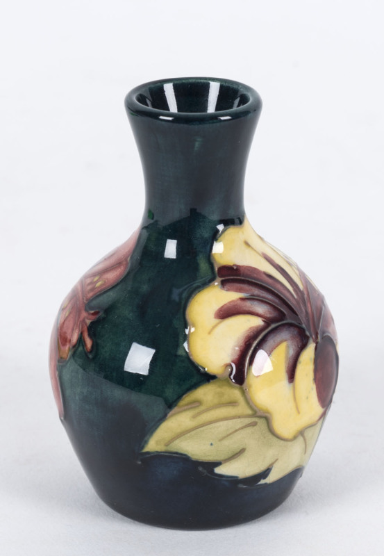 MOORCROFT "Hibiscus" pattern vase, circa 1950s, round Royal Warrant paper label "By Appointment, W. Moorcroft, Potters To The Late Queen Mary", 19cm high