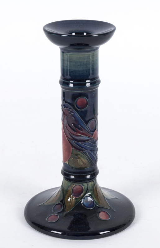 MOORCROFT "Finch and Fruit" pattern candlestick, circa 1980s, impressed "Moorcroft, Made In England, WM", ​20.5cm high