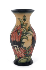 MOORCROFT "Sturt Desert Pea" pattern vase designed by Emma Bossons, limited edition 127/500, circa 1998, stamped "Moorcroft, Stoke On Trent, Made In England, WM, 2000, E. Bossons, 19cm high