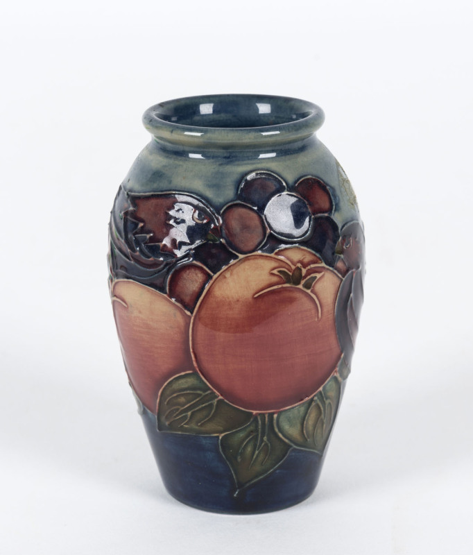 MOORCROFT "Finch and Fruit" patterned vase, late 20th century, impressed "Moorcroft, Made In England", 10.5cm high