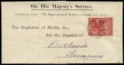 OPSO Births Notices used from Hamilton, Oatlands & Pontville incl. printed lettercards for notifying of Births franked with KGV issues (some taxed) or Pictorials (noted 2 used from Levendale & Dromedary); also eclectic group of 1894 -84  post office forms