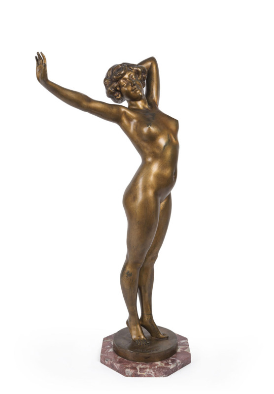 PAUL PHILIPPE "The Awakening" gilt bronze sculpture on rouge marble base, France, circa 1925, signed "P. Philippe", 79cm high