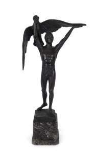 JULIUS PAUL SCHMIDT-FELLING (1835-1920), man with eagle, cast bronze on marble plinth, early 20th century, 54cm high