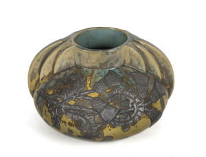 PIERREFONDS French Art Deco pottery vase with rare applied silver decoration, circa 1930, impressed factory stamp, 16cm high, 27cm across