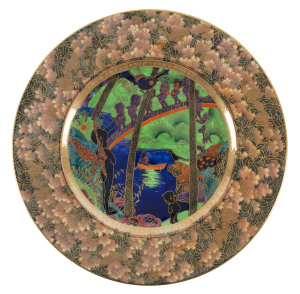 WEDGWOOD Fairyland Lustre "Imps On A Bridge" pattern plate by Daisy Makeig Jones, circa 1930, stamped "Wedgwood, Made in England", 27cm diameter