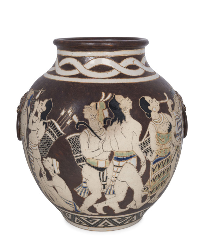A Japanese Art Deco pottery vase with sgraffito Aztec Indian scene, circa 1930, seal mark to base, 25.5cm high