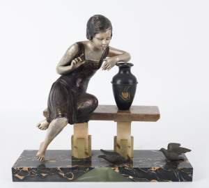 A French Art Deco figure, painted spelter, marble and onyx, circa 1930, 38cm high