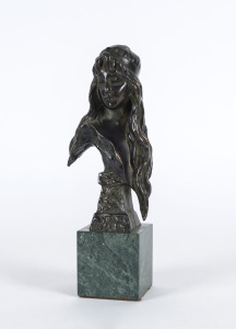 A French bronze bust of Carmela on green marble base, early 20th century, signed "E. Vallanis", 26cm high