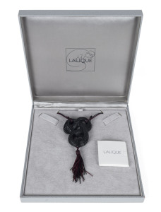 LALIQUE "Serpent" black frosted glass pendant on silk cord in original box with papers, signed "Lalique", 7cm high