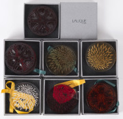 LALIQUE Crystal Christmas decorations comprising 8 coloured glass pendants (7 with original boxes), engraved "Lalique, France", 7cm diameter