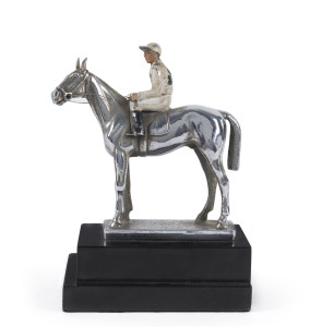 Car mascot chromed bronze racehorse with cold painted jockey on Belgium black slate base, circa 1920s, 15.5cm overall