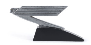 American Art Deco car mascot, chrome on later ebonized timber base, circa 1920s, mascot 16.5cm long