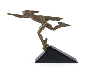 "Mercury" car mascot, cast bronze on later ebonized timber base, circa 1930, ​mascot 18cm long