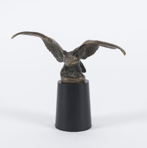 A French "Spread Eagle" car mascot by G. Paillet for A E Lejeune on later ebonized timber stand, 1920s, 13.5cm ​wingspan