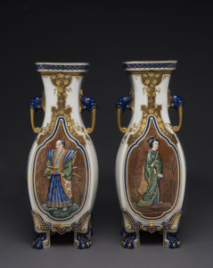 ROYAL WORCESTER pair of Japanese style porcelain vases, 19th century, with accompanying letter from HENRY SANDON who remarks on their rarity and value. factory backstamp, 37cm high