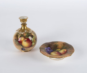 ROYAL WORCESTER porcelain vase and dish by MORSLEY and A. SHUCK, stamped "Royal Worcester, Made In England", the vase 13cm high