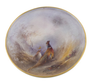 ROYAL WORCESTER porcelain dish signed AUS. STINTON, stamped "Royal Worcester, Made In England", 11cm diameter