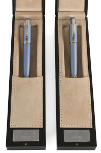 Tibaldi for Bentley Continental Silverlake Blue Ballpoint Pen and Fountain Pen, each numbered 770/999 from the limited edition; in individual felt-lined presentation cases and accompanied by the original guarantee certificates, manuals and Gold Registry documentation. The Continental collection by Tibaldi emulates all the tactile qualities and finish of the Continental GT motor car. Both the writing instruments and their imaginative casing are likely to captivate Bentley owners and writing instr