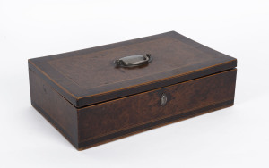 An antique deed box, birdseye yew and rosewood, 19th century, 10cm high, 34cm wide, 21cm deep