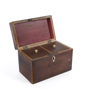 A Georgian tea caddy, mahogany with satinwood trim, bone escutcheon and handles, circa 1800, 12cm high, 18cm wide, 10.5cm deep