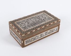 A Persian mosaic box with silver panels, early 20th century, 6cm high, 20cm wide, 11.5cm deep