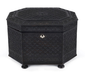 An exceptional Anglo-Indian box, carved ebony with silver escutcheon, inscribed inside lid read "ABDULLAH MUHAMMAD, JUBNAH", made in Nagina, a town in the Bijnor (Uttar Pradesh), circa 1866. Extremely rare. A remarkably similar example is held at the VICTORIA AND ALBERT MUSEUM in London. 17.5cm high, 25.5cm wide, 20cm deep