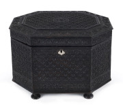 An exceptional Anglo-Indian box, carved ebony with silver escutcheon, inscribed inside lid read "ABDULLAH MUHAMMAD, JUBNAH", made in Nagina, a town in the Bijnor (Uttar Pradesh), circa 1866. Extremely rare. A remarkably similar example is held at the VICT