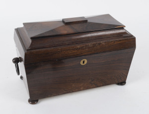 A Georgian English tea caddy, rosewood with fitted interior with bone handles, early 19th century, 21cm high, 34cm wide, 17cm deep