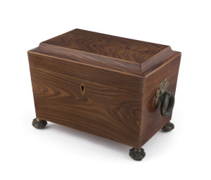 An English tea caddy, zebrawood with satinwood stringing and fine gilt metal fittings, early 19th century, 17cm high, 24cm wide, 15cm deep