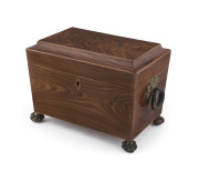 An English tea caddy, zebrawood with satinwood stringing and fine gilt metal fittings, early 19th century, ​17cm high, 24cm wide, 15cm deep