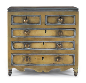 An English Georgian jewellery chest, metal and brass, circa 1800, 18cm high, 18.5cm wide, 10cm deep