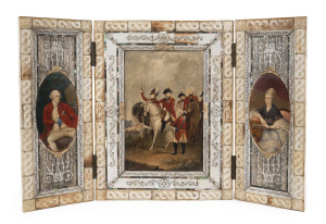 OZIAS HUMPHRY (1742-1810), King George III triptych. The central panel showing George III and The Prince of Wales reviewing the troops, circa 1797 (after William Beechey). Portraits of Queen Charlotte and a seated King George III (after ZOFFANY, circa 1771) adorn each side. hand-painted on ivory panels, signed lower right in the centre panel, original carved bone, mother of pearl and ivory frame, 41 x 63cm overall