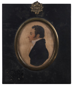 An English Regency miniature portrait of a gentleman in profile, circa 1820, 13.5 x 11.5cm overall