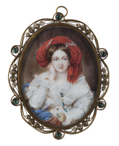 Continental framed miniature portrait of a lady with gilt filigree metal frame encrusted with green rhinestones, reverse with silk monogram panel, 19th century, 10cm x 9cm overall