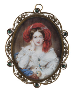 Continental framed miniature portrait of a lady with gilt filigree metal frame encrusted with green rhinestones, reverse with silk monogram panel, 19th century, ​ 10cm x 9cm overall