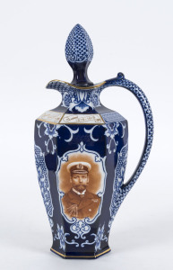 WATSON'S WHISKY 1815-1915 commemorative porcelain decanter with portraits of King George V and Prime Minister H.H. Asquith, stamped "Made In England For Jas. Watson & Co. Ltd. Dundee, Rd.651677". 29.5cm high