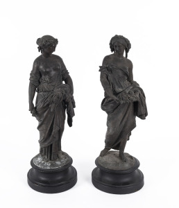 A pair of harvest statues, cast and patinated spelter, French, 19th century, 49cm high