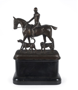 An English hunt scene statue with horse and rider summoning hounds, cast bronze on wooden plinth, 19th century, 46cm high overall