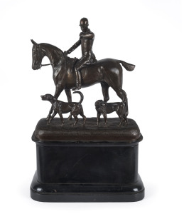 An English hunt scene statue with horse and rider summoning hounds, cast bronze on wooden plinth, 19th century, ​46cm high overall