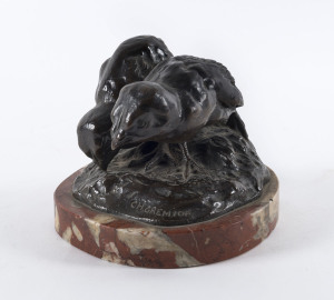 (After) Charles Gremion, French statue of two birds, cast bronze on rouge marble base, 19th century, 13cm high
