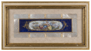 A French hand-painted romantic scene panel, surrounded with mother of pearl tiles, mid 19th century, framed and mounted 21 x 37cm overall