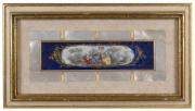 A French hand-painted romantic scene panel, surrounded with mother of pearl tiles, mid 19th century, framed and mounted 21 x 37cm overall