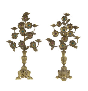 A pair of Italian mantel ornaments, gilded brass and rhinestone, late 19th century, 62cm high