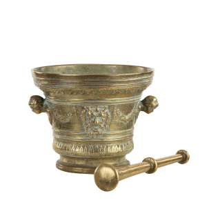 A Renaissance style mortar and pestle, cast bronze, 19th century, 20cm high