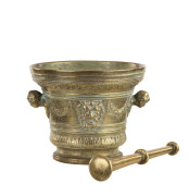 A Renaissance style mortar and pestle, cast bronze, 19th century, 20cm high