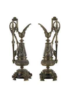 A pair of French ornate mantel ewers, gilded bronze, 19th century, 41cm high