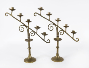 A pair of brass five branch church candelabra, 19th century, 52cm high