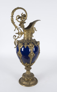 An Italian ornate ewer, blue porcelain with gilt metal mounts, late 19th century, 57cm high