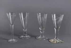 Four Georgian cordial and wine glasses, 18th century, the tallest 14.5cm high