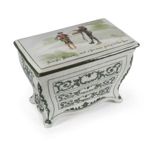 ROYAL DOULTON Huntley & Palmers Biscuits, Reading & London "Simple Simon" porcelain biscuit barrel in the form of a bombe commode, circa 1920, stamped "Royal Doulton, England", ​14cm high